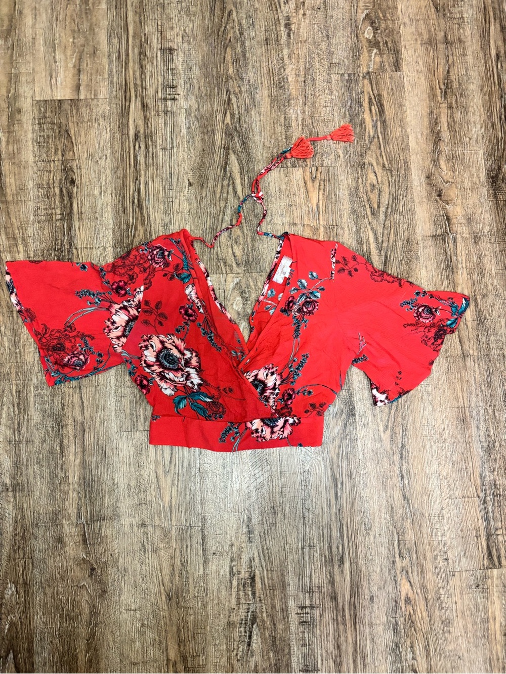 Band of Gypsies Red Floral Wrap Crop Top with Tie